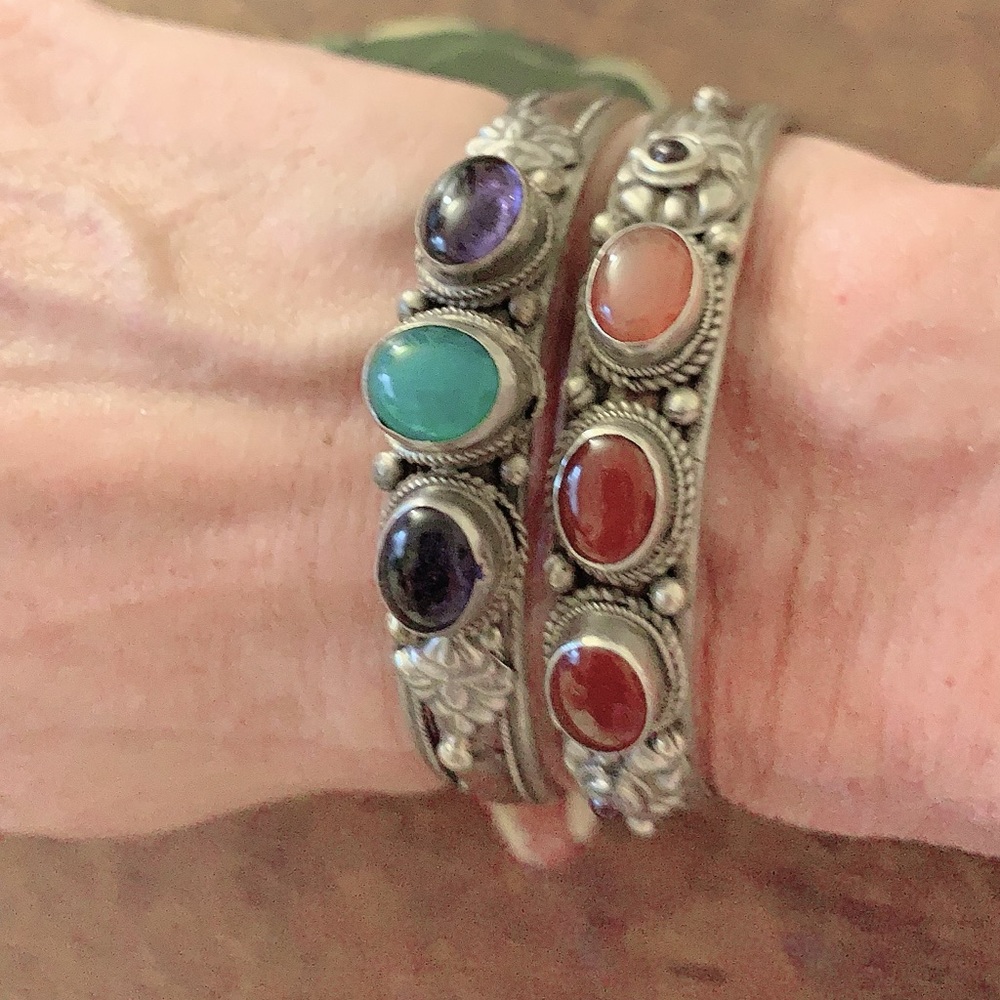 Carnelian & semiprecious stones cuff bracelets .